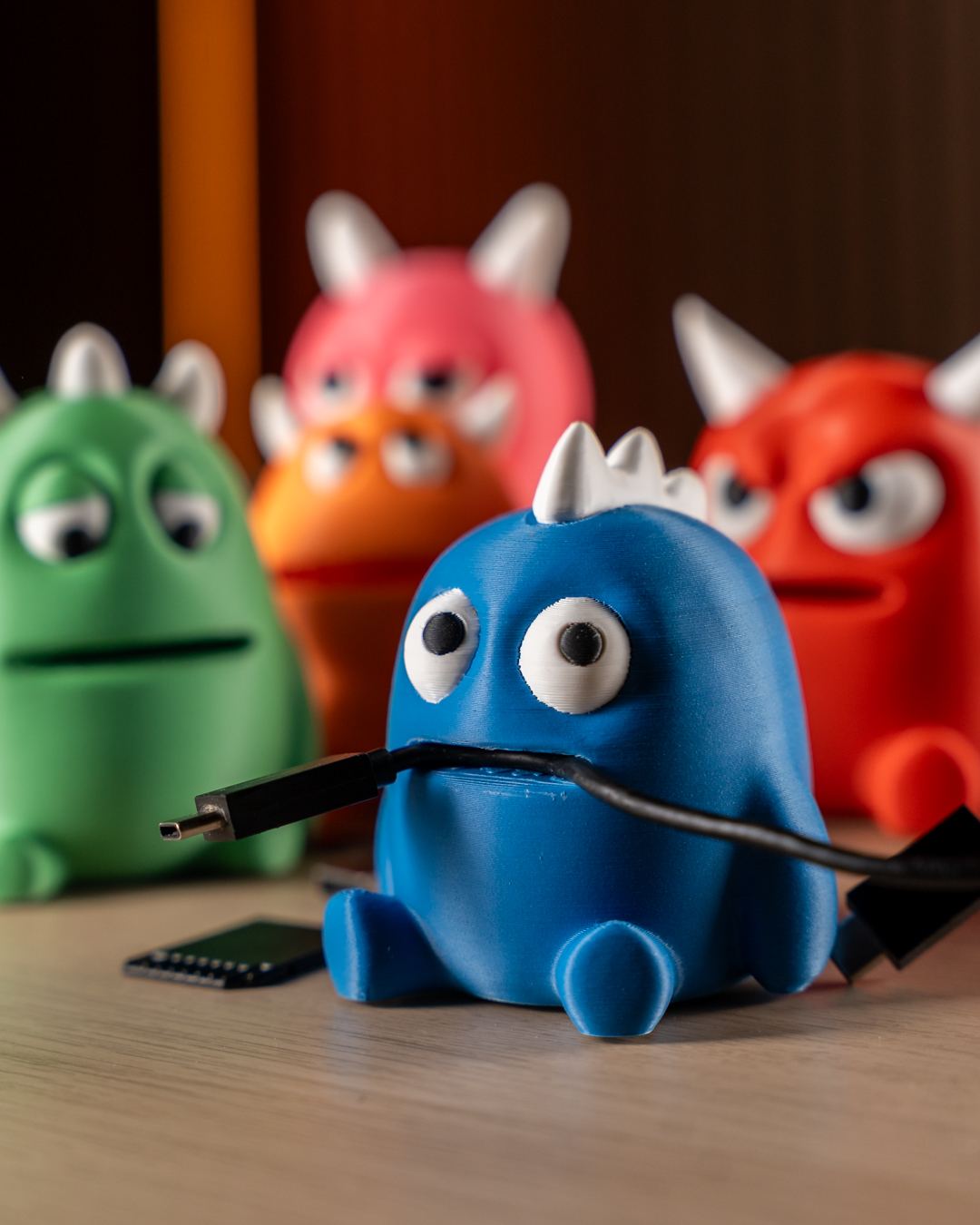 Bunte 3D-gedruckte Kabel-Monster als praktischer Schreibtischhelfer fürs Büro