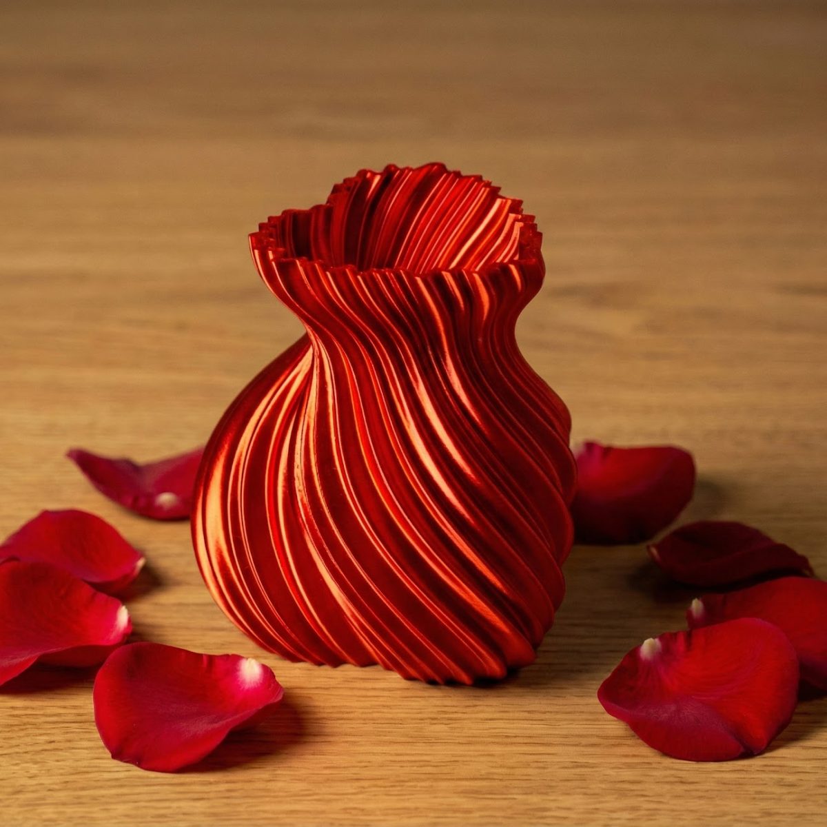 Rote 3D-gedruckte Design-Vase mit Rosenblättern – ideal für Hotellerie und Gastronomie