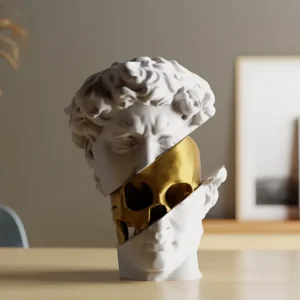 Klassische Büstenfigur mit Blick auf ein goldenes Skelett darunter, PrintHero