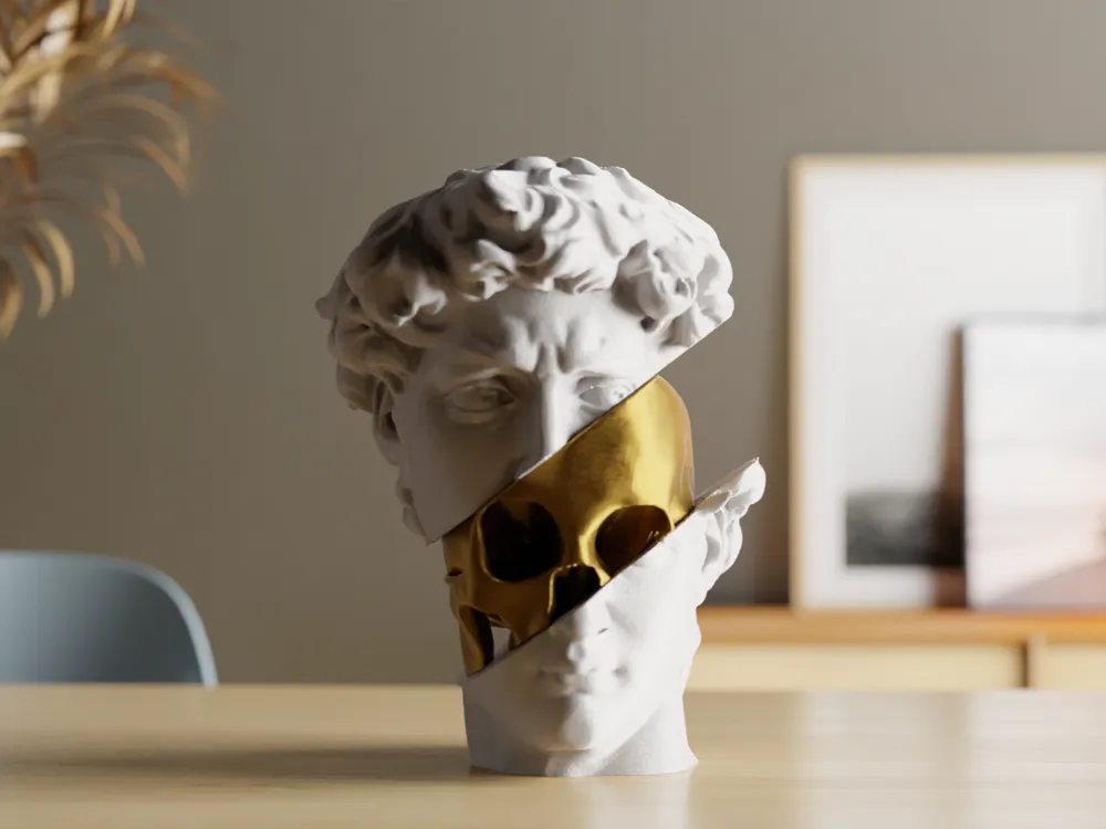 Klassische Büstenfigur mit Blick auf ein goldenes Skelett darunter, PrintHero