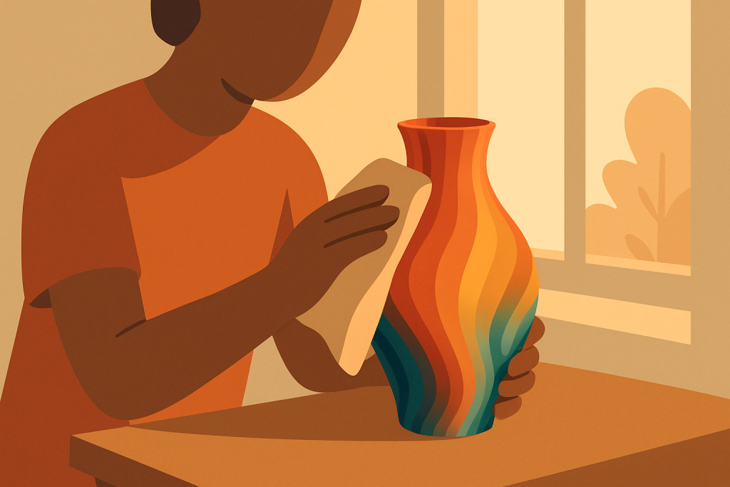 Pflege einer 3D-gedruckten Vase mit einem weichen Tuch