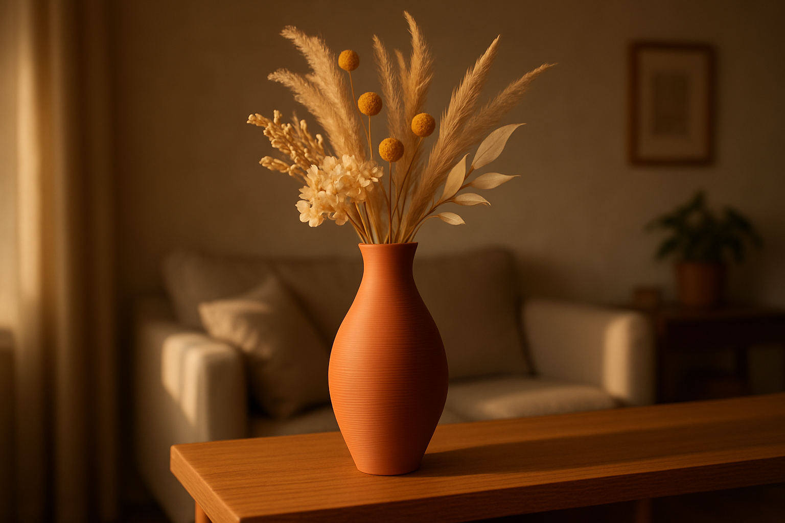 3D-gedruckte terrakottafarbene Vase mit Trockenblumen im Wohnzimmer