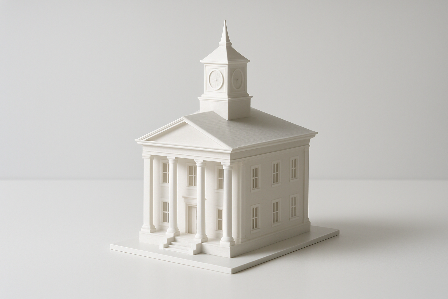 3D-gedrucktes Architekturmodell eines Gemeindehauses mit Turm