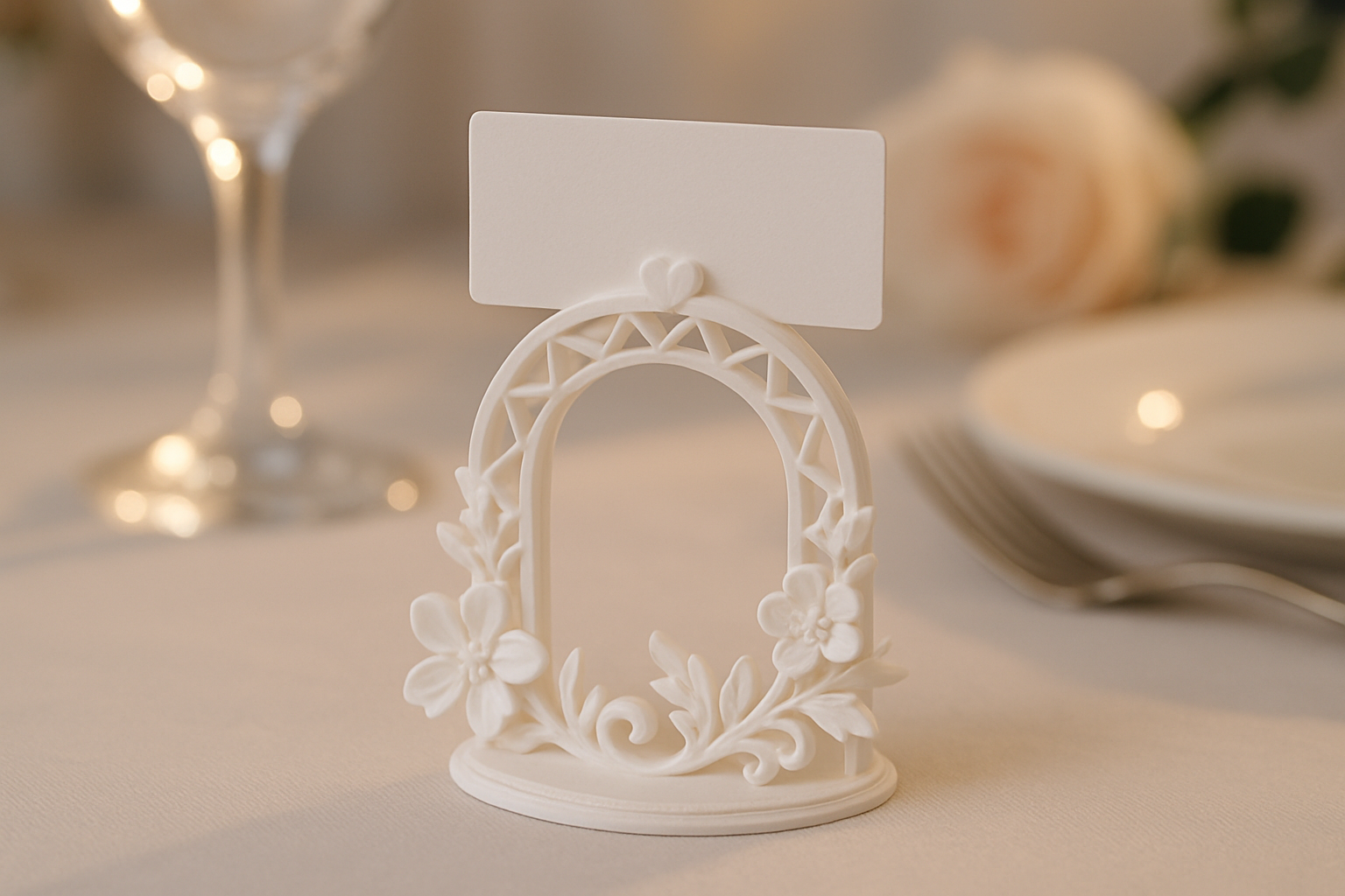 3D-gedruckter Tischkartenhalter mit floralem Design bei einer Hochzeitstafel