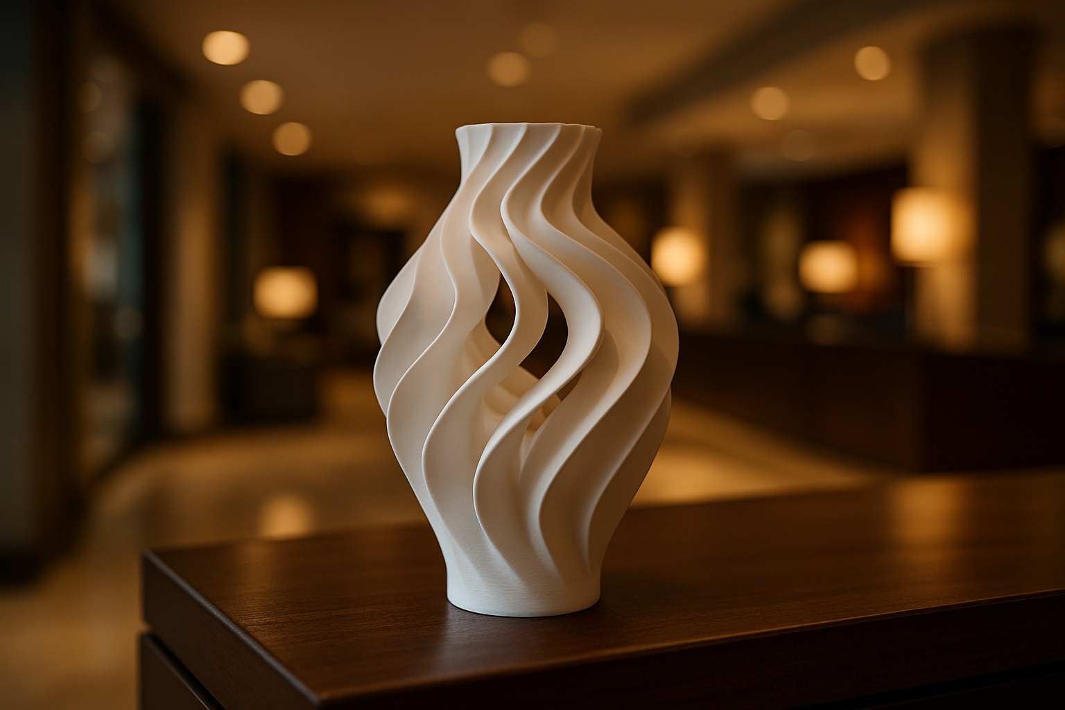 3D-gedruckte weiße Wellenvase auf einem Empfangstresen in einer Hotellobby
