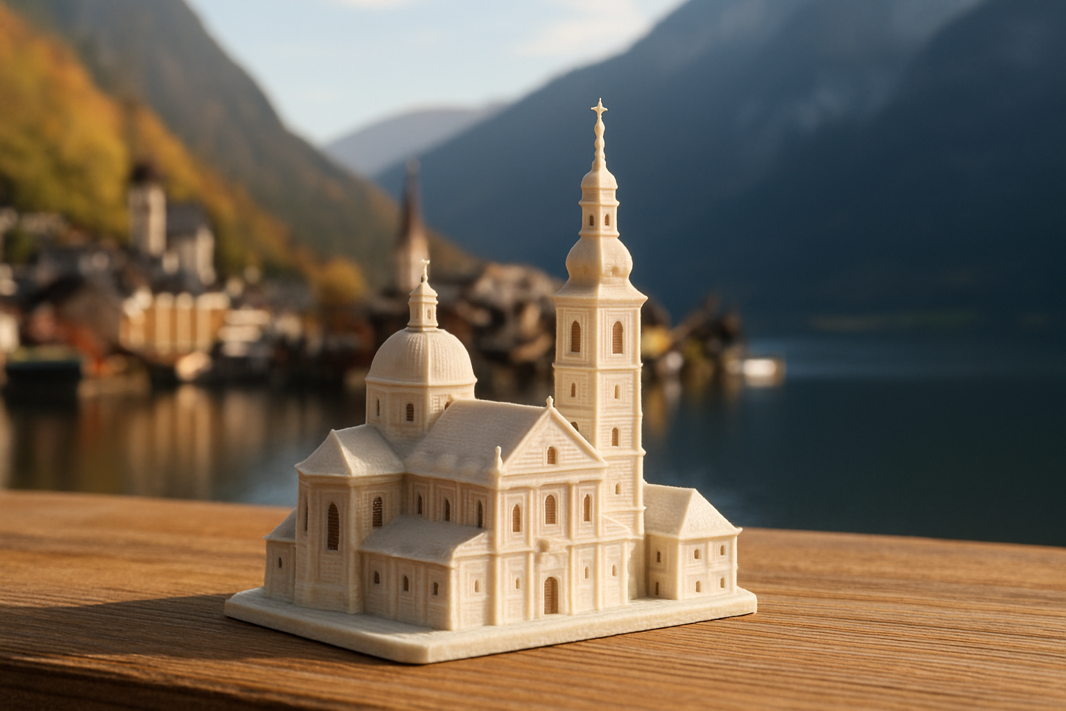 3D-gedrucktes Souvenir-Modell einer historischen Kirche vor einer Seelandschaft