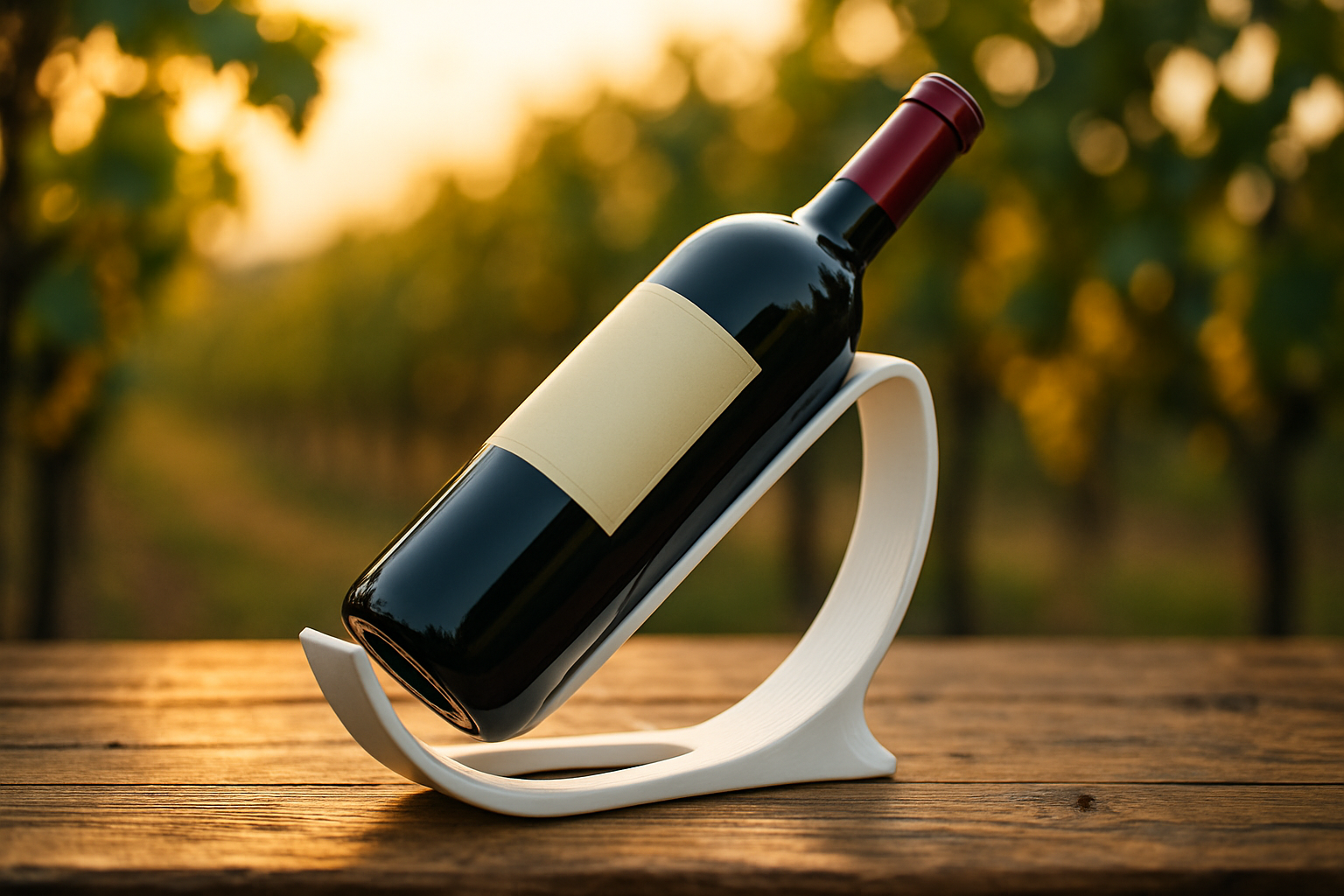 3D-gedruckter Weinflaschenhalter mit Weinflasche im Weinberg bei Sonnenuntergang