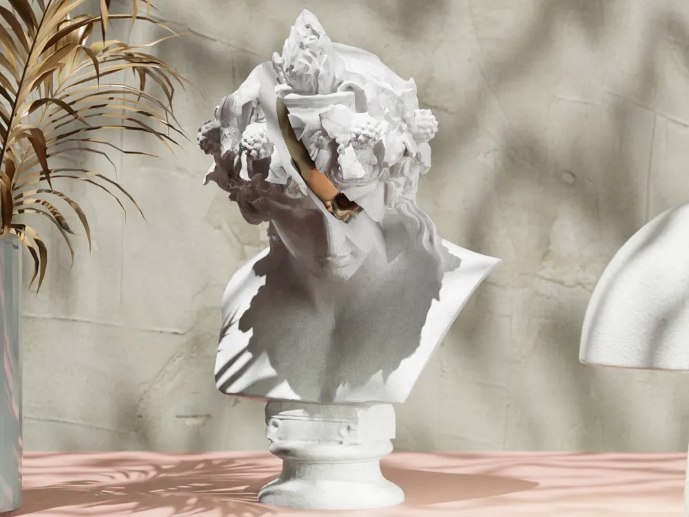 Klassische Büstenfigur mit Weintrauben-Kranz und angedeuteter Bruchstelle, PrintHero