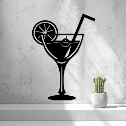 2D-Wandbild eines Cocktailglases mit Strohhalm und Zitrusscheibe, PrintHero
