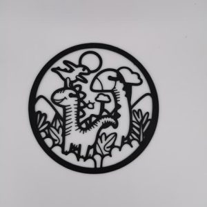 2D-Wandbild mit niedlichen Dinosauriern im runden Rahmen, PrintHero