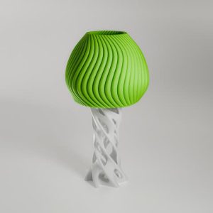 Skulpturale Tischlampe im Pilz-Design mit geflochtenem Fuß, PrintHero