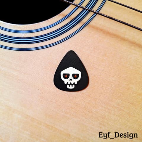 Gitarrenplektrum mit Totenkopf-Motiv im Sensenmann-Stil, PrintHero