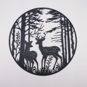 2D-Wandbild mit zwei Hirschen im Wald, rundes Scherenschnitt-Design, PrintHero