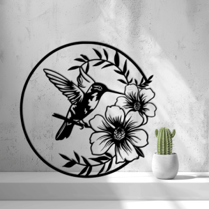 2D-Wandbild eines Kolibris mit Blüten im runden Rahmen, PrintHero