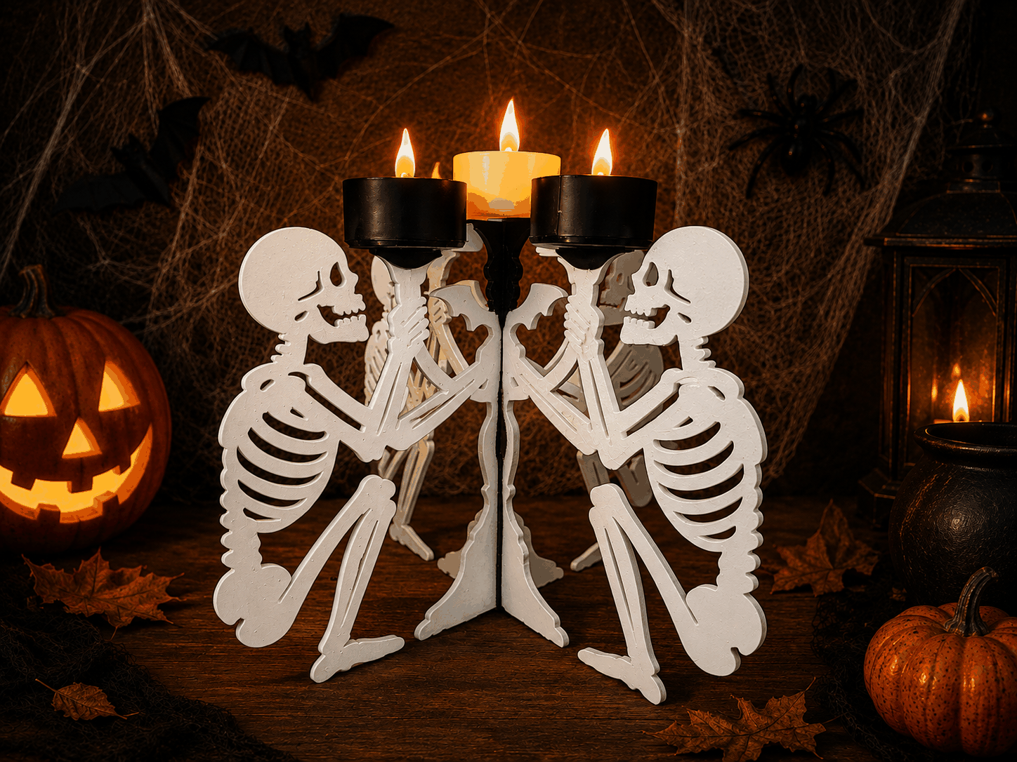Leichen-Kandelaber Skelett-Teelichthalter für Halloween mit drei LED-Teelichtern