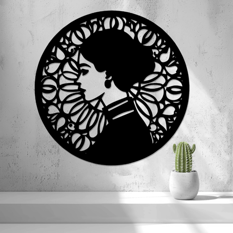 2D-Wandbild mit stilisiertem Frauenprofil im floralen Jugendstil-Rahmen, PrintHero