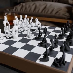 Schachfiguren-Set mit abstrakten, gesichtslosen Figuren in Weiß und Schwarz, PrintHero