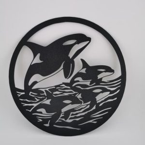 2D-Wandbild mit einer Orca-Familie im Ozean, rundes Design, PrintHero