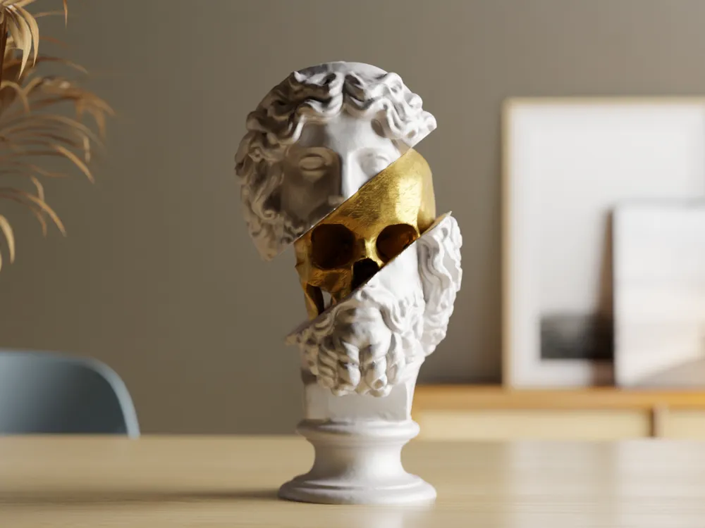 Bärtige Philosophen-Büste mit Blick auf ein goldenes Skelett darunter, PrintHero