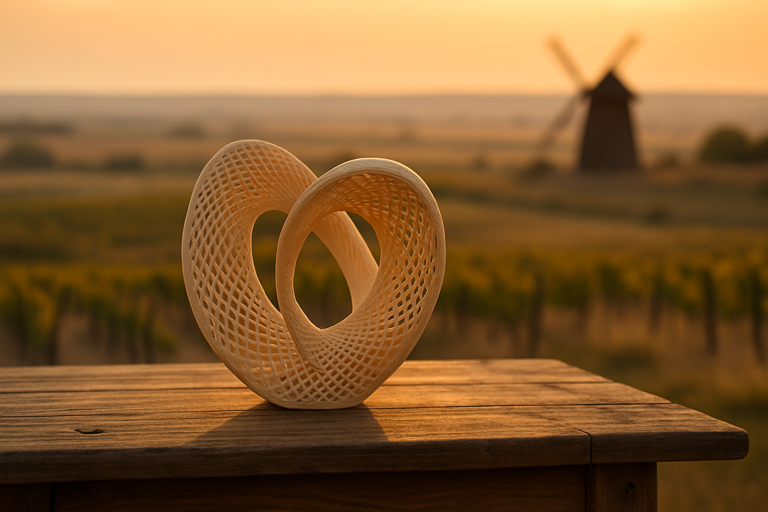 3D-gedrucktes Deko-Objekt vor der weiten pannonischen Landschaft des Burgenlandes mit Weinbergen