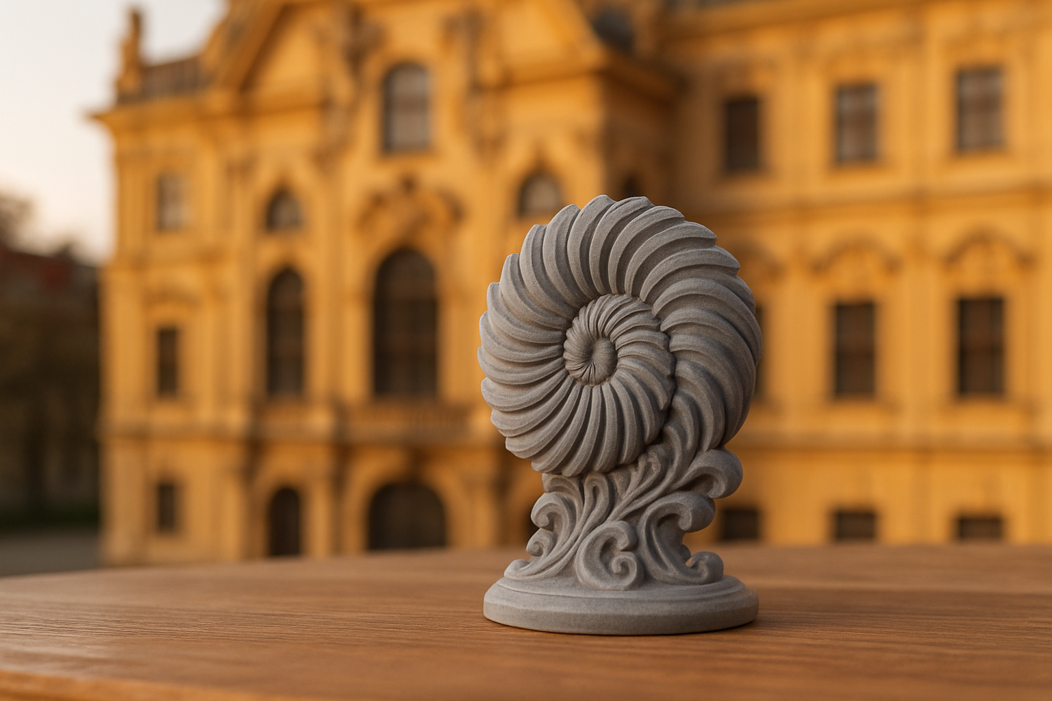 3D-gedrucktes Deko-Objekt mit Blick auf ein barockes Schlossgebäude und einen Storch in Eisenstadt