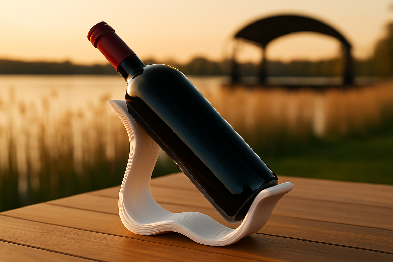3D-gedruckter Weinflaschenhalter mit Blick auf den Neusiedler See und die Seebühne bei Sonnenuntergang