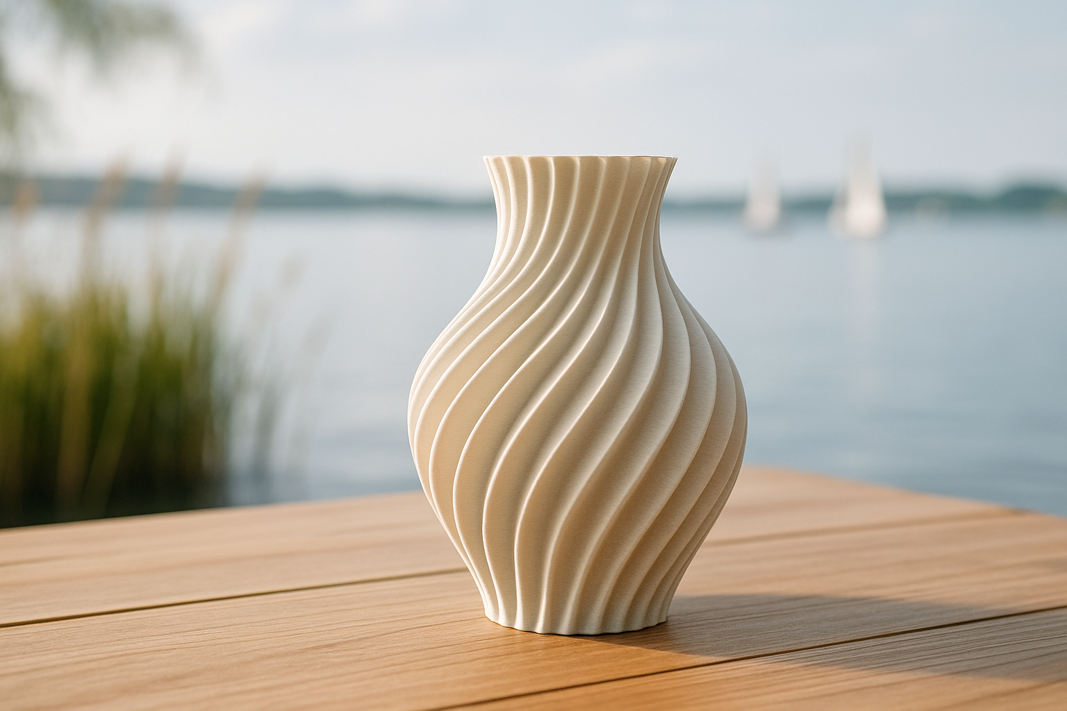 3D-gedruckte Vase mit Blick auf den Neusiedler See, Schilf und Segelboote