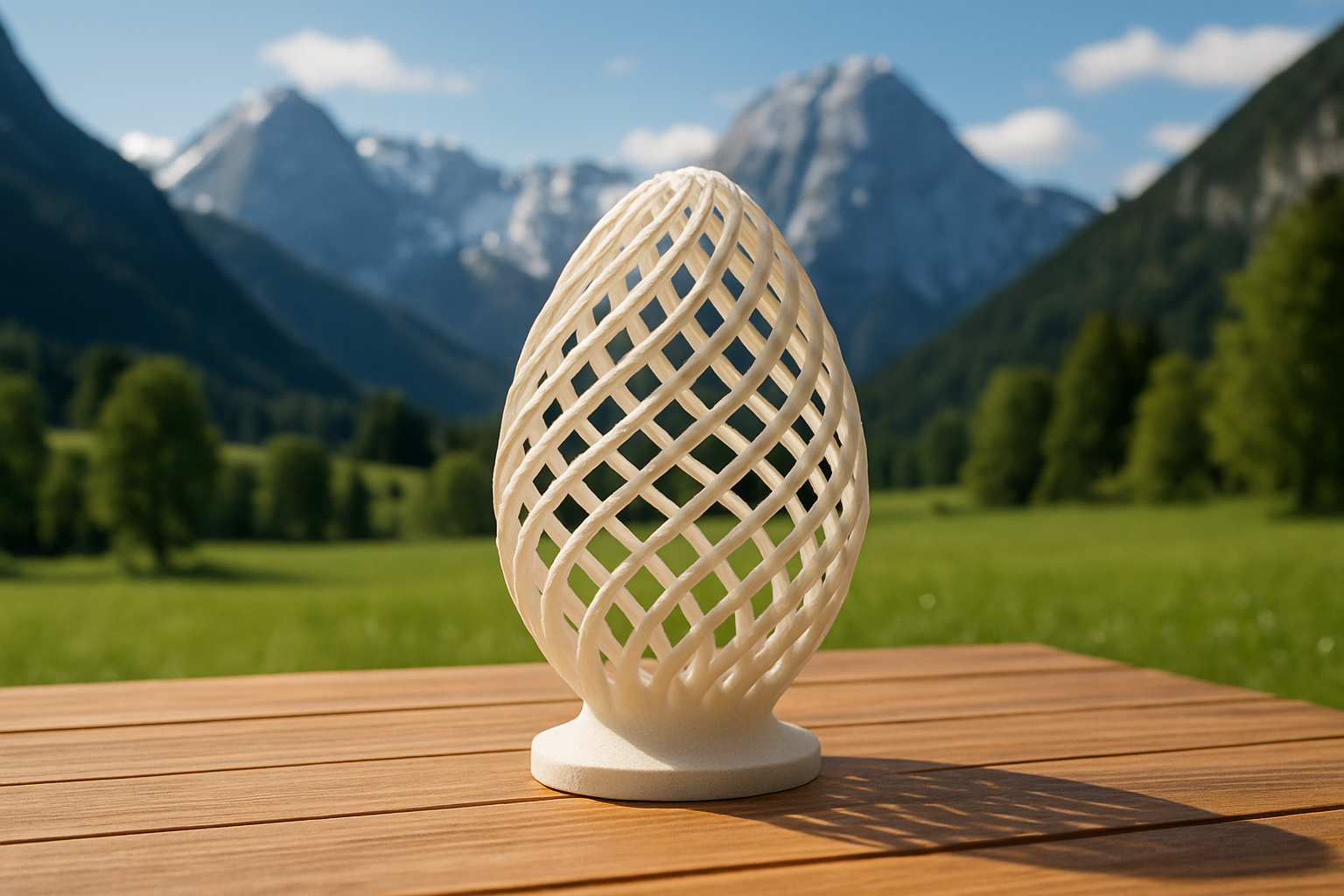 3D-gedrucktes Deko-Objekt mit Blick auf österreichische Alpenlandschaft