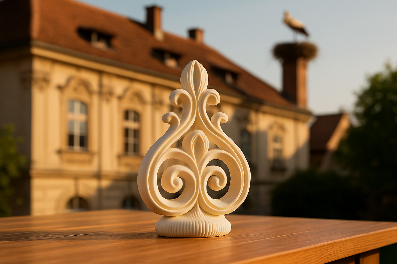 3D-gedrucktes Deko-Objekt vor einer historischen Fassade in Rust mit Storchennest auf dem Kamin