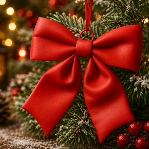 Rote Schleife als Weihnachtsdeko und Geschenkanhänger