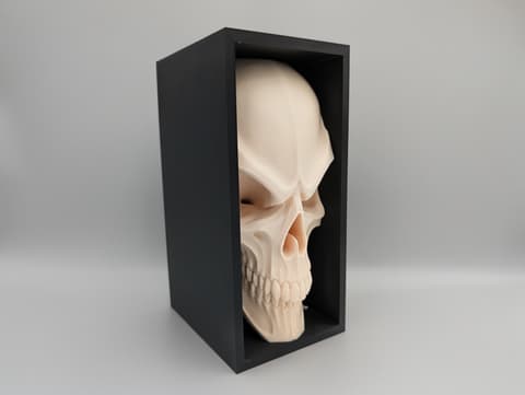 Kompakte Buchnische mit stilisiertem Totenkopf-Relief im rechteckigen Rahmen, PrintHero