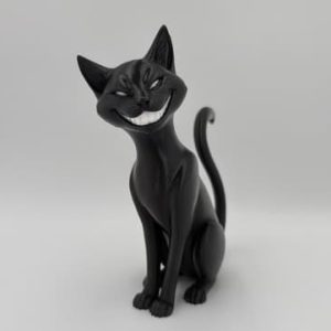Stilisierte schwarze Katzenfigur mit breitem Grinsen, PrintHero