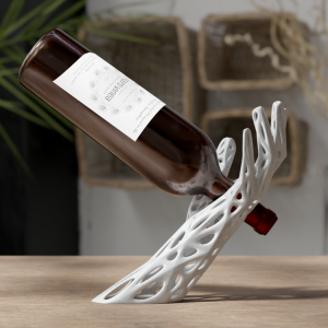 Balancierender Voronoi-Weinflaschenhalter VinoGrace mit Rotweinflasche, PrintHero