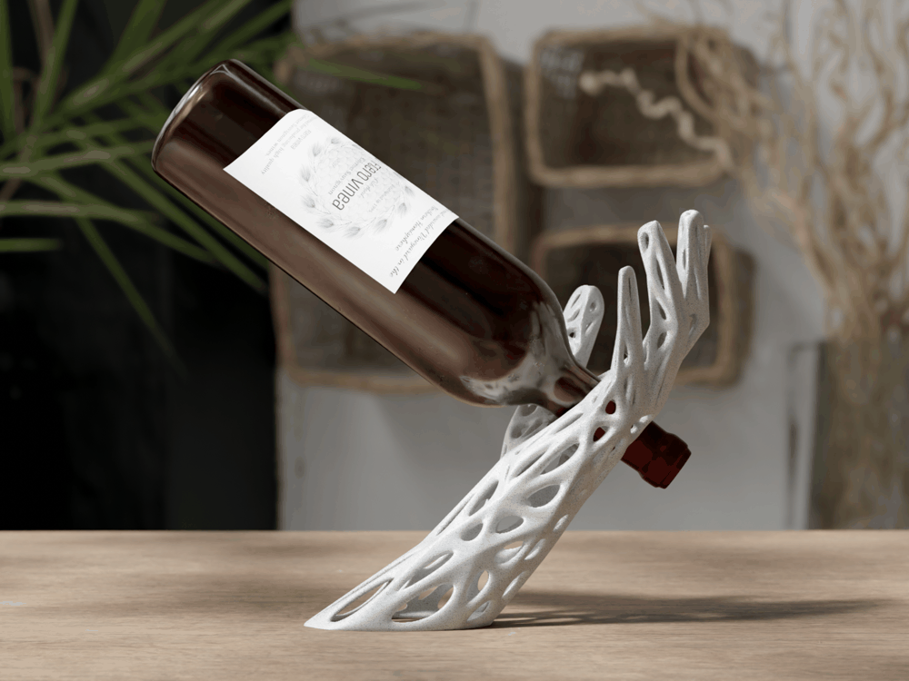 Balancierender Voronoi-Weinflaschenhalter VinoGrace mit Rotweinflasche, PrintHero