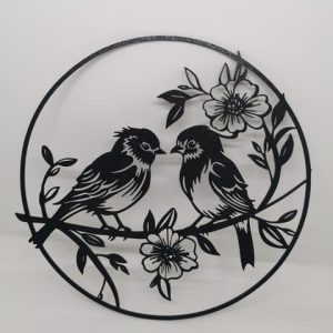 2D-Wandbild mit zwei Vögeln auf einem Blütenzweig im runden Rahmen, PrintHero