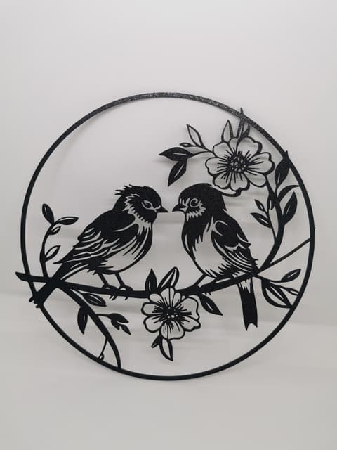 2D-Wandbild mit zwei Vögeln auf einem Blütenzweig im runden Rahmen, PrintHero