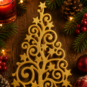 Weihnachtsbaum-Wandkunst mit ornamentalen Schnörkeln und Sternen