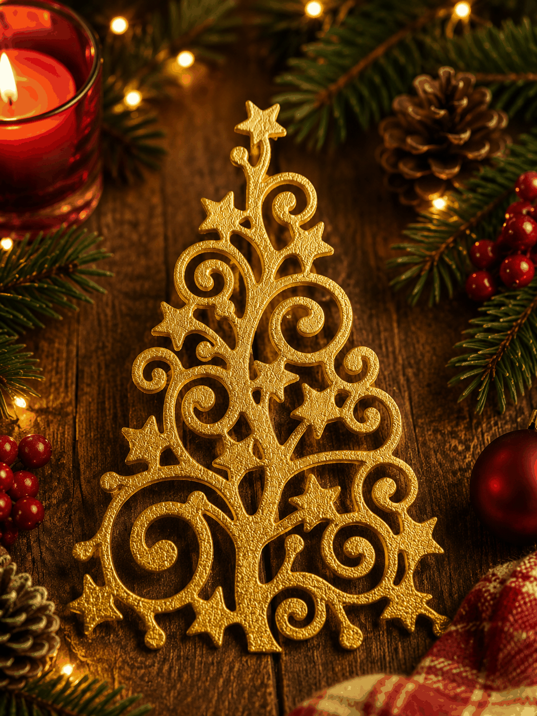 Weihnachtsbaum-Wandkunst mit ornamentalen Schnörkeln und Sternen