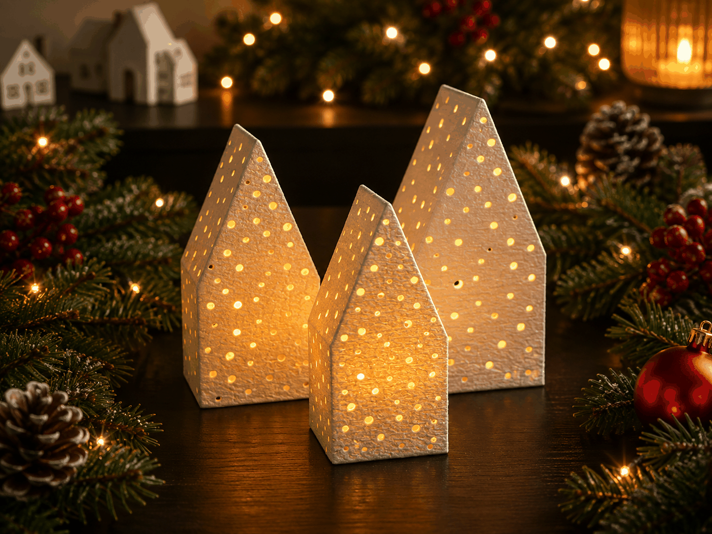Weihnachtshaus mit Lochmuster als LED-Teelichthalter
