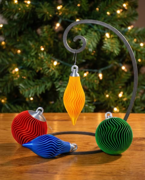 Set aus vier gerillten Weihnachtskugeln in verschiedenen Farben und Formen, PrintHero