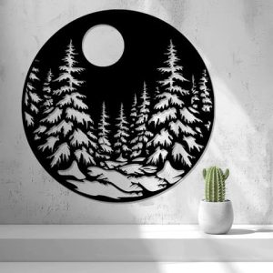 2D-Wandbild mit verschneiter Waldlandschaft und Vollmond im runden Rahmen, PrintHero