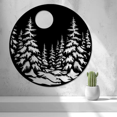 2D-Wandbild mit verschneiter Waldlandschaft und Vollmond im runden Rahmen, PrintHero