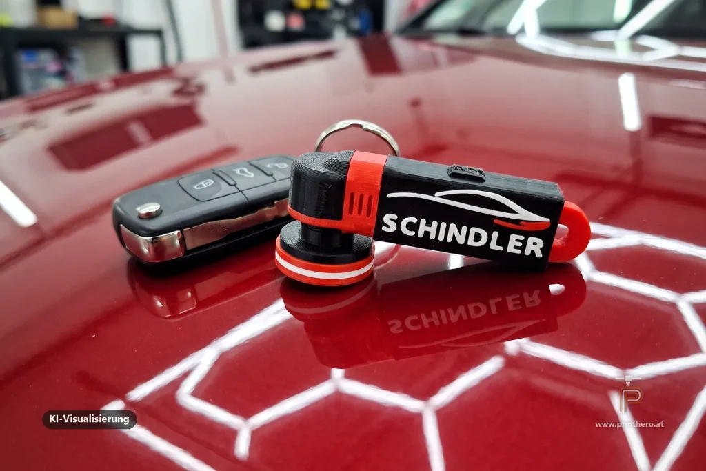 Schlüsselanhänger mit Logo aus dem 3D-Drucker: Poliermaschine mit Schriftzug SCHINDLER auf polierter roter Motorhaube