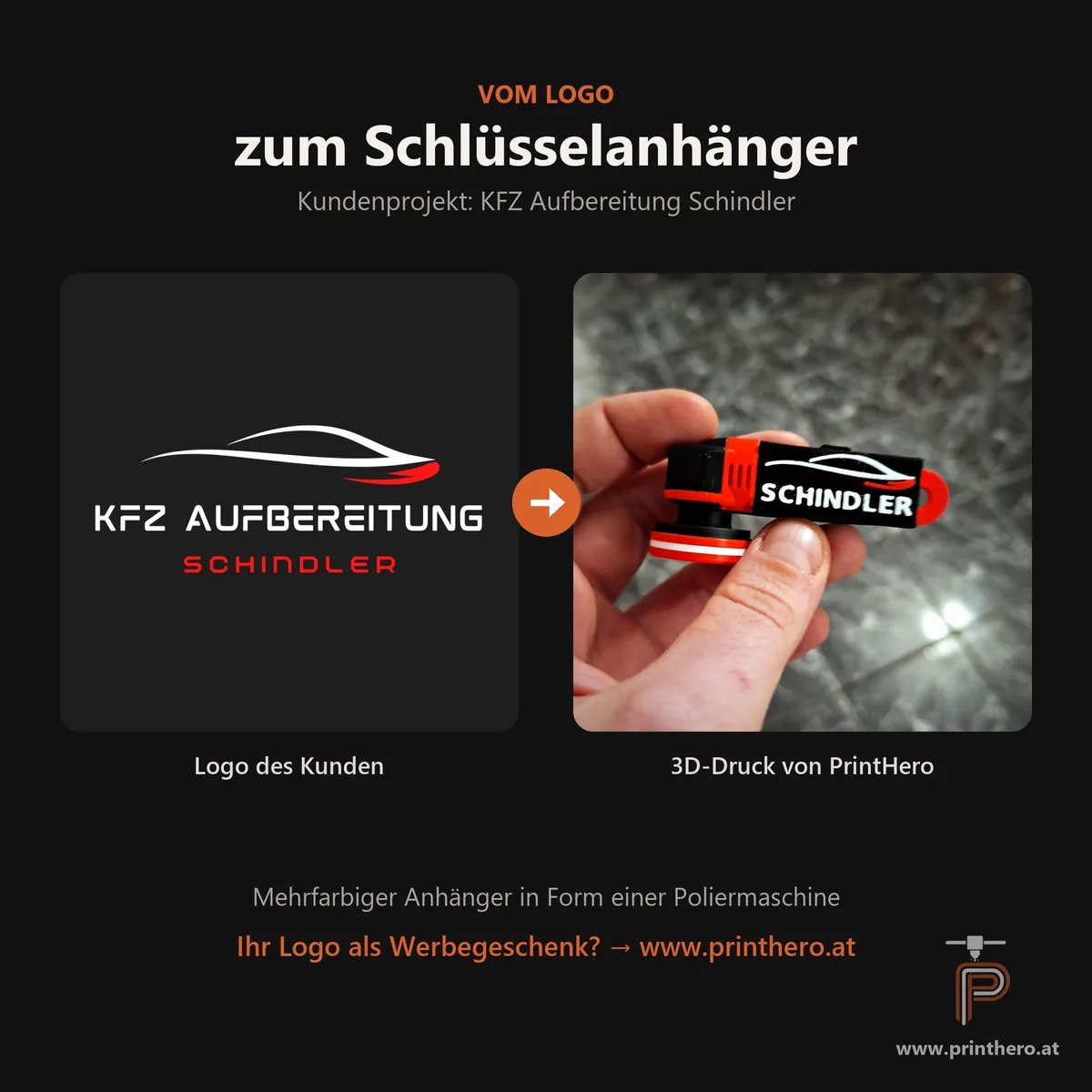 Vergleich: Logo von KFZ Aufbereitung Schindler und der daraus 3D-gedruckte Schlüsselanhänger von PrintHero