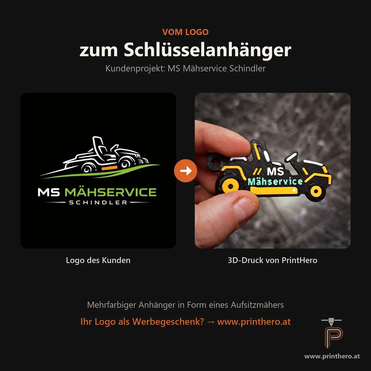 Vergleich: Logo von MS Mähservice Schindler und der daraus 3D-gedruckte Schlüsselanhänger von PrintHero